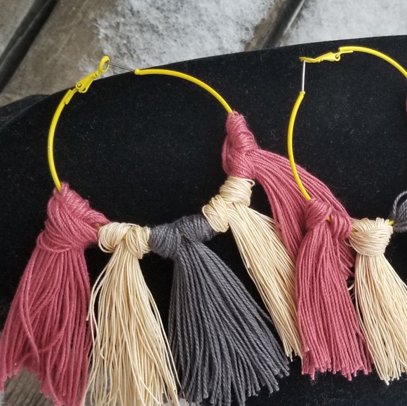 Tassel Hoop Earrings Blush Gray Cream - Picture 3 of 3